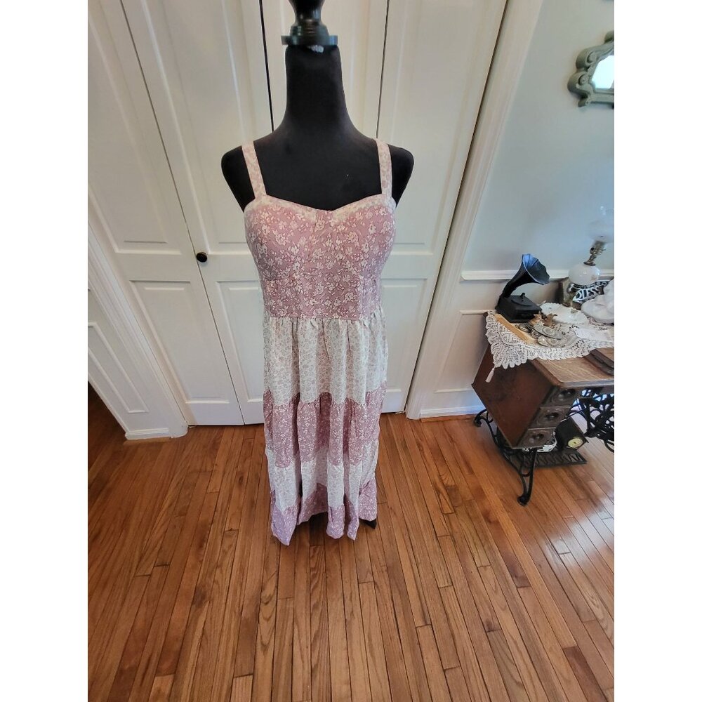 Mauve /White Floral Tiered Babydoll Maxi Dress NWT XL  Cottagecore Coquette Boho